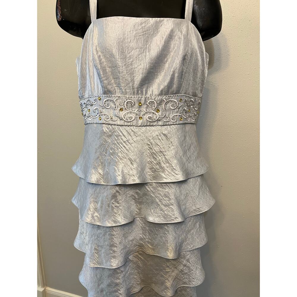 David’s Bridal Silver Dress Rhinestone Waistline shoulder straps jacket‎ sz 14